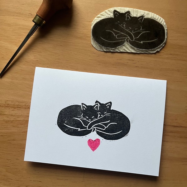 Tarjeta de gatos abrazos hecha a mano original A6 lino impresión / tarjeta de San Valentín / tarjeta de aniversario / regalo de los amantes de los gatos