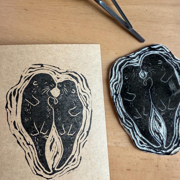 Handmade otters holding hands card original A6 lino print | valentines card | anniversary card | animal lovers gift