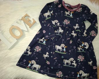 Kleid Herbst langarm kurzarm Pferd & Mädchen dunkelblau Gr. 80 86 92 98 104 110 116 122 128 134 140 146 152 158 Handmade