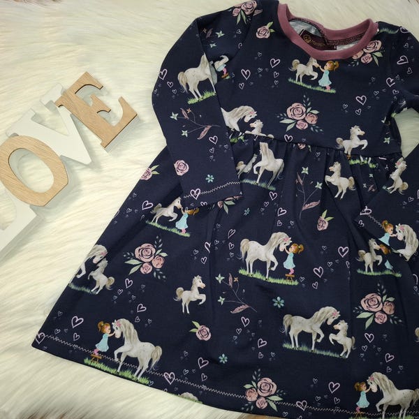 Dress autumn long sleeve short sleeve horse & girl dark blue size 80 86 92 98 104 110 116 122 128 134 140 146 152 158 Handmade
