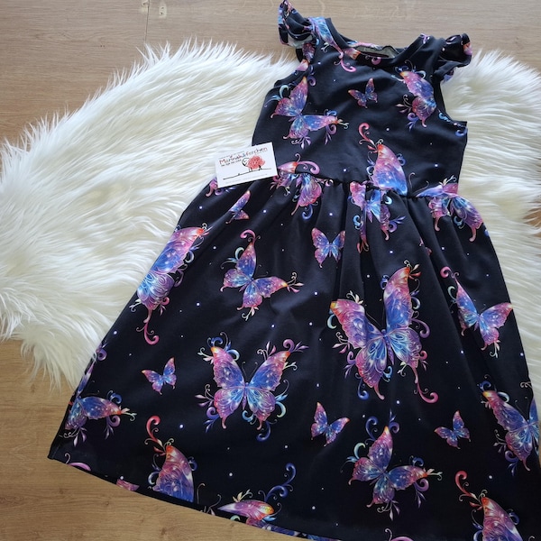Handmade dress girls summer cap sleeves butterfly black purple pink blue size 74 80 86 92 98 104 110 116 122 128 134 140 146 152 158