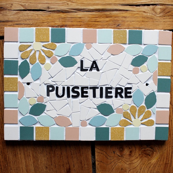 Plaque addresse nom de maison en mosaïque céramique 16 X 24cm à accrocher, style floral, possibilité de personnaliser couleurs