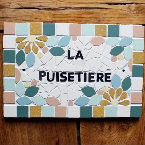 House name address plaque in ceramic mosaic 16 x 24cm to hang, floral style, possibility of personalizing colors