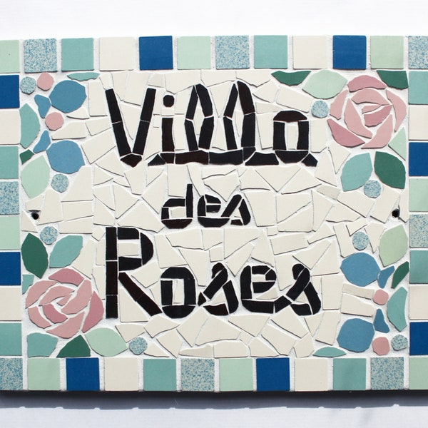 Plaque adresse numéro de maison ou porte en mosaïque céramique 27x21cm à accrocher, style floral, possibilité de personnaliser couleurs