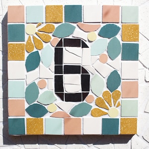 Address plaque house number door in ceramic mosaic 15x15cm to hang, floral style, possibility of customizing colors