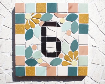 Address plate number house number in ceramic mosaic 15x15cm to hang, floral style, possibility of customizing colors