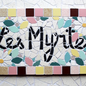 Ceramic mosaic house name address plaque 16 x 30cm to hang, floral style, possibility of customizing colors