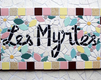 Ceramic mosaic house name address plaque 16 x 30cm to hang, floral style, possibility of customizing colors