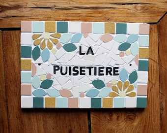 Ceramic mosaic house name address plaque 16 X 24cm to hang, floral style, possibility of personalizing colors