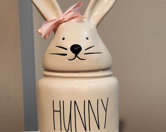 White bunny rabbit ceramic jar with black lettering HUNNY BUNNY, Rae Dunn cookie jar canister, Easter decor gift