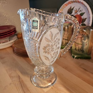 Vtg Crystal water pitcher, Avitra hand cut over 24% lead crystal pedestal pitcher original sticker, frosted floral design, mod retro gift