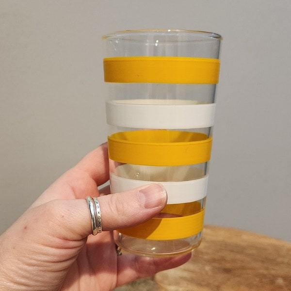 Vtg 60s sunny yellow & white striped 8oz beverage glass, retro MCM replacement, shabby chic, throwback gift