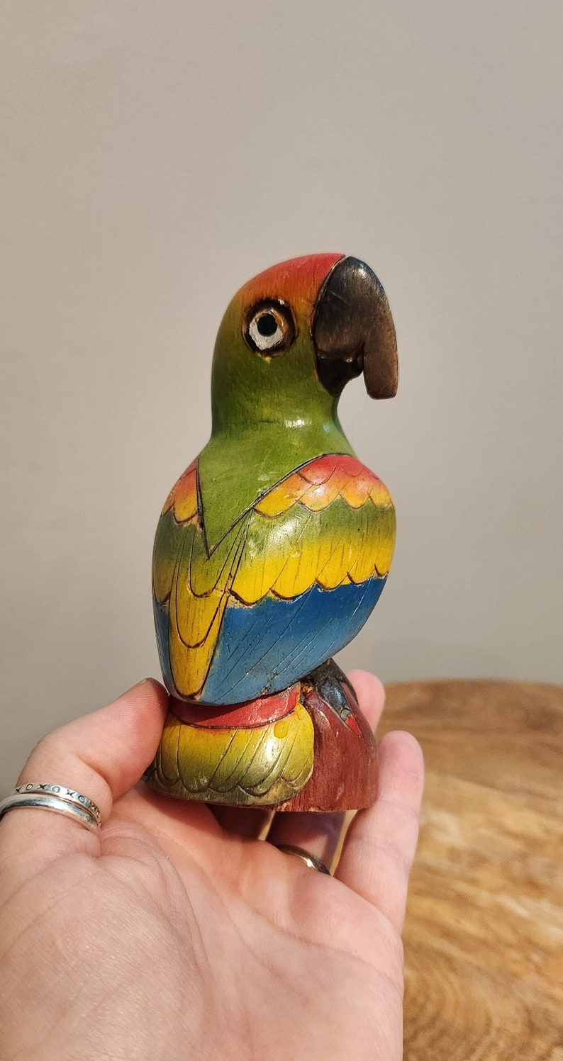 Vtg Handcrafted, Brightly Colored Tropical Bird, Handcarved Balsa Wood, Parrot Art Souvenir
