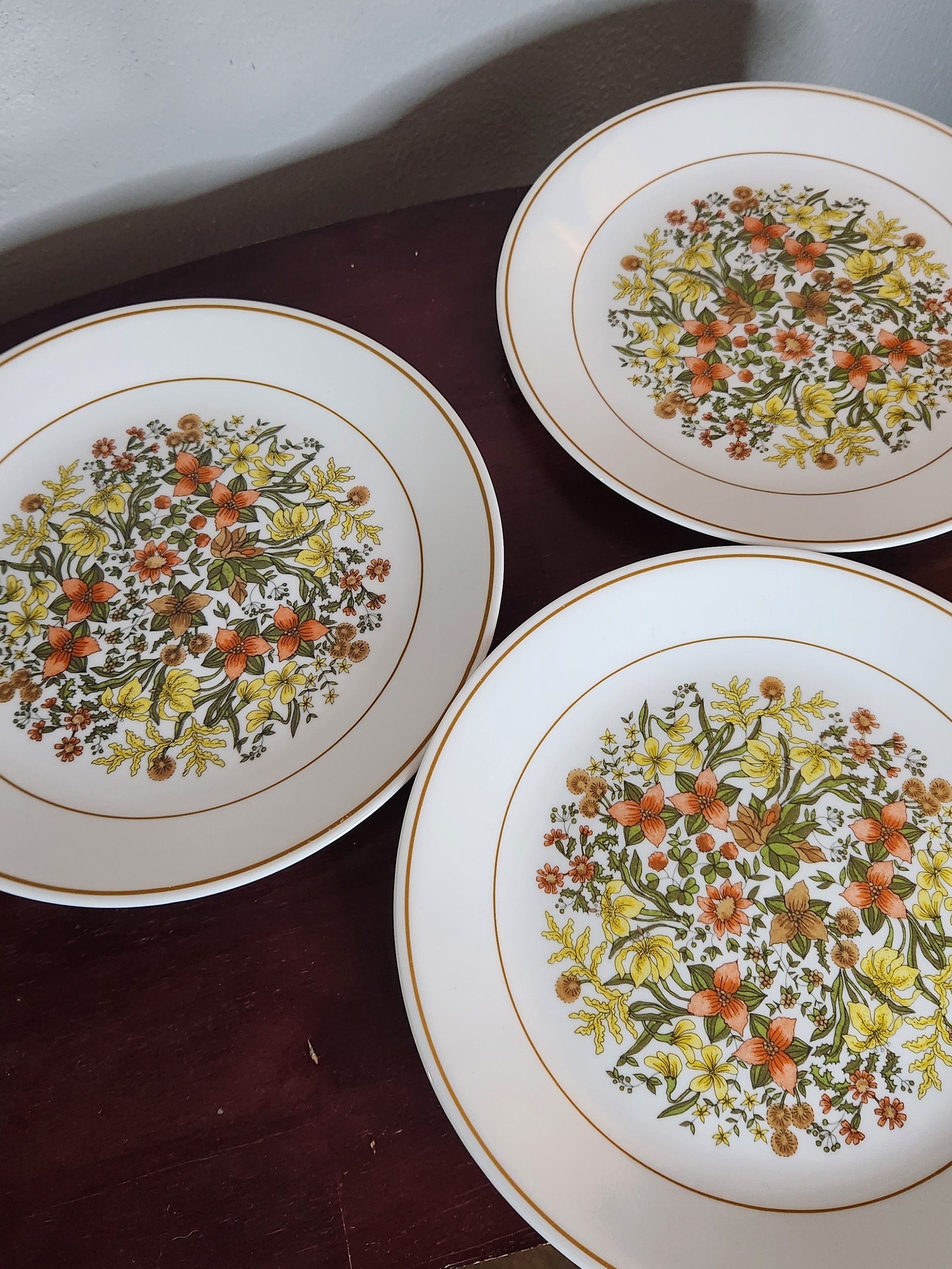Vintage Corelle Indian Summer dinner plates lot of 3 1970s yellow orange green wild flowers replacement extra retro mod gift