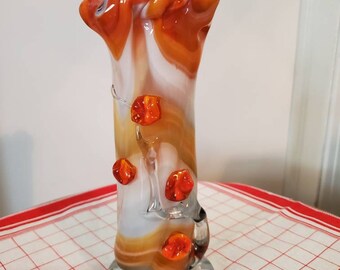 Vtg art glass, hand blown, abstract, orange and white vase with attached /overlay flowers