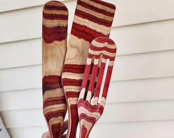 Vtg Mad Hungry bamboo cooking utensils, set of 3 red mix wood kitchen tools
