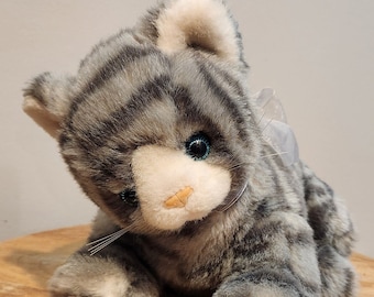 Gray and white striped tabby plush cat, kitten stuffed animal with blue eyes and pink nose, throwback retro cat lover Christmas gift