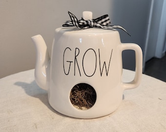 Vtg Rae Dunn white ceramic birdhouse shaped like watering can with Grow, retro mod gift, spring decor, teacher gift