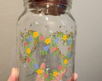 Vintage Anchor Hocking Glass Jar with Wood Lid, Floral Heart Candy Dish