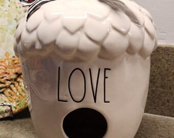 Vtg Dunn white acorn-shaped ceramic birdhouse with Love, bff retro mod gift, raffle auction basket bird cardinal immemorial