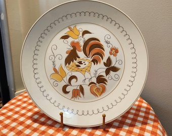 Vtg Mikasa Cera-Stone Tamago 3107-W Japan Rooster 12" Platter brown, orange, yellow chicken serving plate shabby chic serving dish