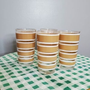 Vintage Hazel Atlas Mid Century Modern MCM, 4 tumblers, retro tan and white striped drinking glasses, ice tea, soda, water glasses, she-shed