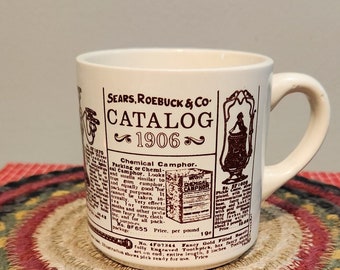 Vtg Sears Roebuck coffee mug with 1906 catalog print, vintagee advertising, marked USA, fun kitschy throwback collectible gift