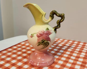 Vintage Hull W 6-61/2 USA Art Pottery vase Floral Ewer pitcher with gloss finish, pink green and yellow