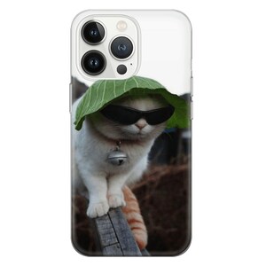 May include: A white cat wearing sunglasses and a green cabbage leaf hat. The cat is sitting on a wooden fence post.