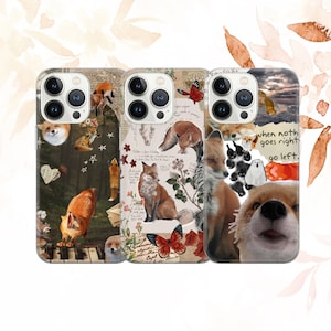 Puede incluir: Tres fundas para teléfono con un collage de zorros, mariposas y diseños inspirados en la naturaleza. Las fundas presentan una variedad de colores, incluyendo rojo, marrón, blanco y negro. El texto en una de las fundas dice "When nothing goes right, go left."