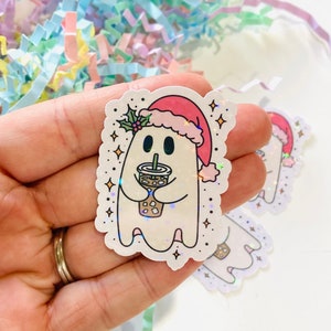 Cute Christmas Ghost Iced Coffee Sticker, Ghost with coffee, Sticker for Kindle Case, Kindle accessories, Sparkly Holographic Stickers
