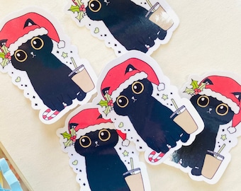 Black Christmas Cat Sticker, Funny Christmas Cat, Iced Coffee Sticker, Sticker for Kindle Case, Festive Season Sticker, Christmas Sticker