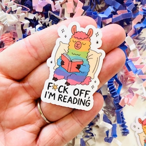 Fuck Off I'm Reading Vinyl Sticker, Rainbow Llama Reading, Book Lover, Water resistant Kindle Sticker, Water Bottle Decal, Bookish Gifts