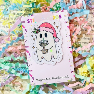 Lindo marcador magnético de café helado fantasma de Navidad, fantasma con café, regalos de libro, accesorios de lectura, protector de páginas, regalos para lectores