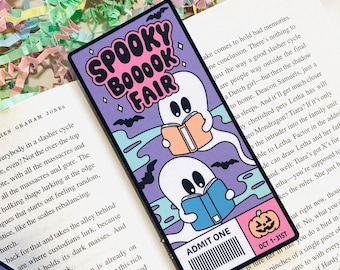 不気味なブックフェアのブックマーク、不気味なブッククラブのブックマーク、かわいい幽霊の読書、不気味なハロウィーンのブックマーク、バウチャーチケットスタイルのダイカットブックマーク