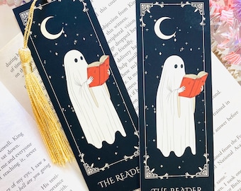 Marcador de cartas de tarô The Reader com borla, Bookish Ghost Reading, Marcador laminado fosco, Marcador frente e verso, Presente para amantes de livros