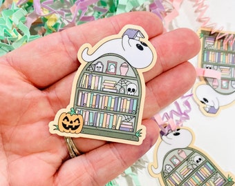Spooky Tombstone Bookcase Vinyl sticker, Cute ghost reading Sticker, Halloween, Book Stickers for Kindle, Fall Book Sticker, Bookish Gift