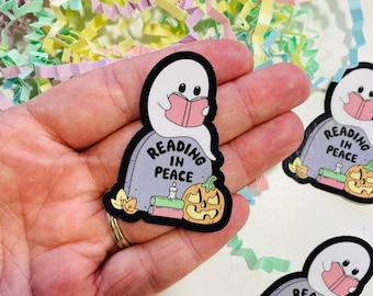 Let me Read in Peace sticker, Skeleton Reading a book Sticker, Spooky Reading, Bookish Sparkly Sticker, Spooky Sticker, Kindle Stickers