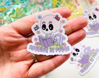 Reading in Peace sticker, Cute Skeleton Reading a book Sticker, Spooky Reading, Bookish Sparkly Sticker, Spooky Sticker, Kindle Stickers