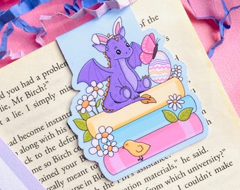 Spring Easter Dragon with Bookstack Matte Laminated Magnetic Bookmark