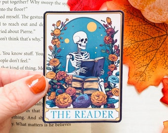 The reader Tarot Card Sticker, Book Stickers for Kindle, Skeleton Reading Sticker, Autumn Bookish Sticker, Book lover Sticker, Book Gifts