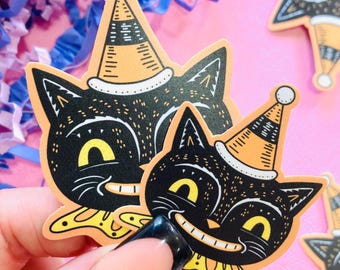 Pegatina de vinilo resistente al agua con diseño retro vintage de gato de Halloween - Para Kindle, iPad, botella de agua