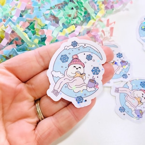 Winter Reading Sticker, Snowman reading on the moon, Bookish snowman Sticker, Cute Winter sparkly sticker, Bookish Gifts, Gifts for readers