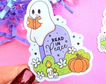 Pegatina de vinilo resistente al agua con diseño de fantasma de Halloween "Lee en paz" - Para iPad, Kindle y botella de agua.