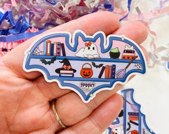 Spooky girlie vleermuis boekenplank vinyl sticker, griezelige lezers, leesgrage Halloween-sticker, schattige spooklezing, Kindle-stickers, Kobo Decor