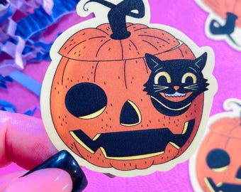 Pegatina de vinilo resistente al agua con diseño vintage de calabaza y gato negro para Halloween - Para Kindle, iPad, botella de agua
