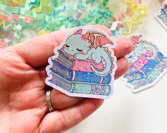 Cute Dragon Bookstack Vinyl sticker, Fantasy Reader Sticker, Book Stickers for Kindle, Book lover Sticker, Fantasy Readers, Book worm gift
