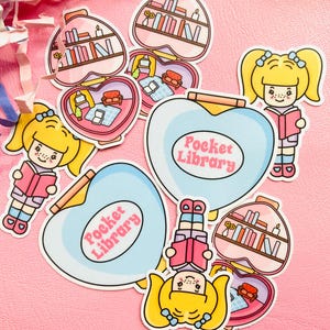 Retro Bookish Pocket Library Water Resistant Vinyl sticker Pack, Decal for Kindle, iPad, Water Bottle