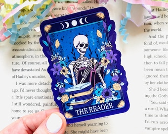 The reader Tarot Card Sticker, Book Stickers for Kindle, Skeleton Sticker, Book lover Sticker, Spooky Sticker, reader gift, Bookworm Gifts