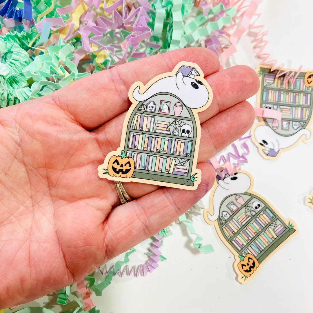 Spooky Tombstone Bookcase Vinyl Sticker, Cute Ghost Reading Sticker ...